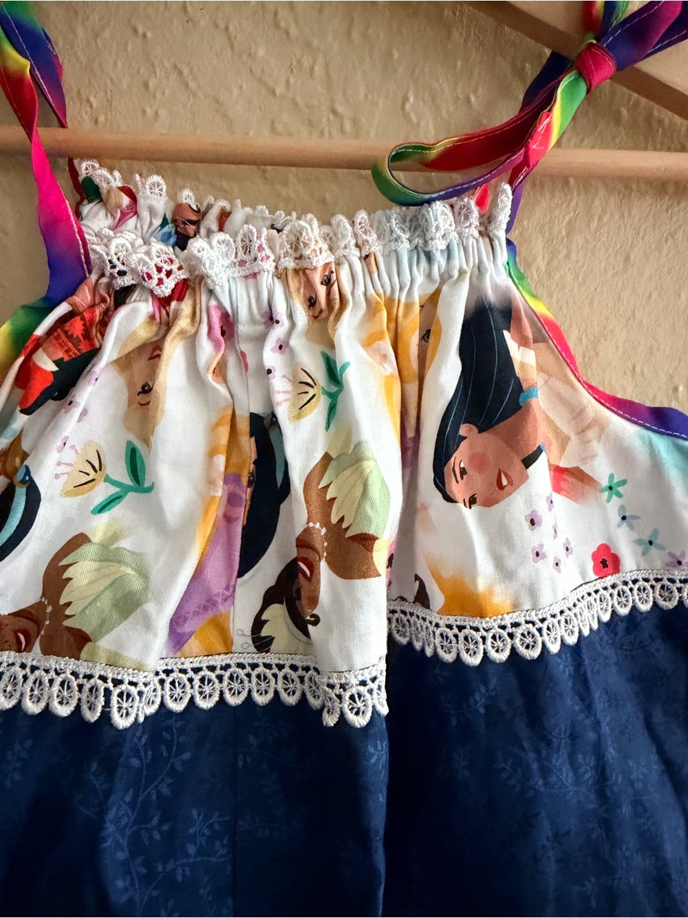Girls Navy Blue Princess Patch Sundress with Rainbow Ties - Picture 3 of 4